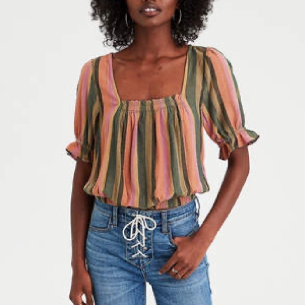 American Eagle Square Neck Green Orange Pink Striped Blouse Top Size XS